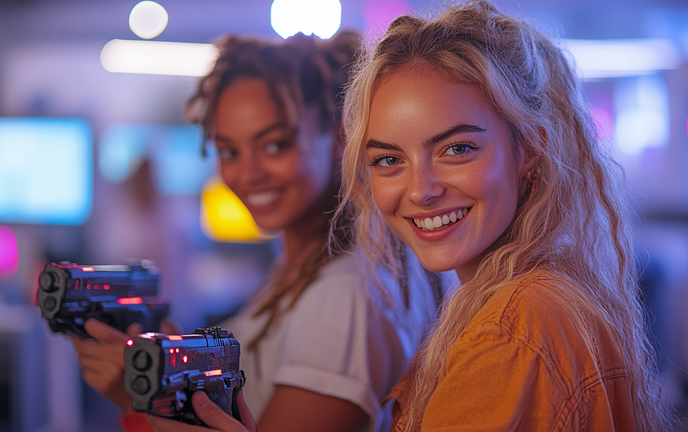 Cyberpunk laser tag arena with futuristic design and neon lighting