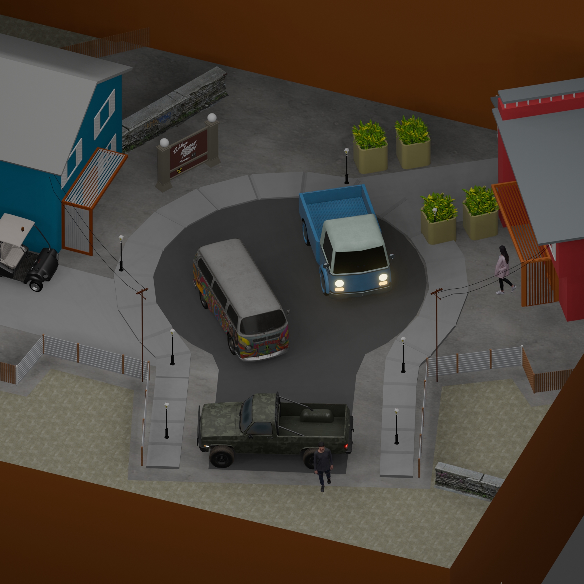 Large Battlefield Arena with multi-level terrain and neon lighting